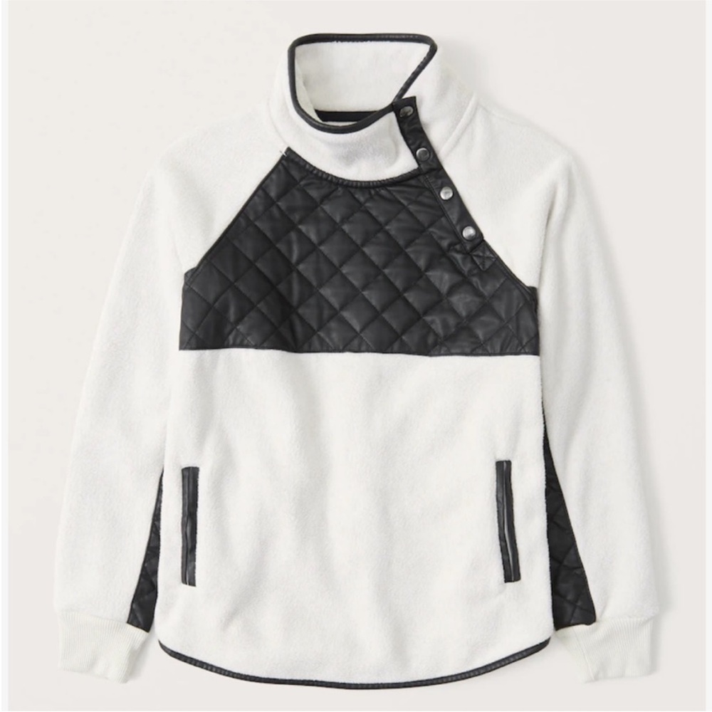 A&F White & Black Fleece & Faux Leather Asymmetrical Snap-Up Pullover M